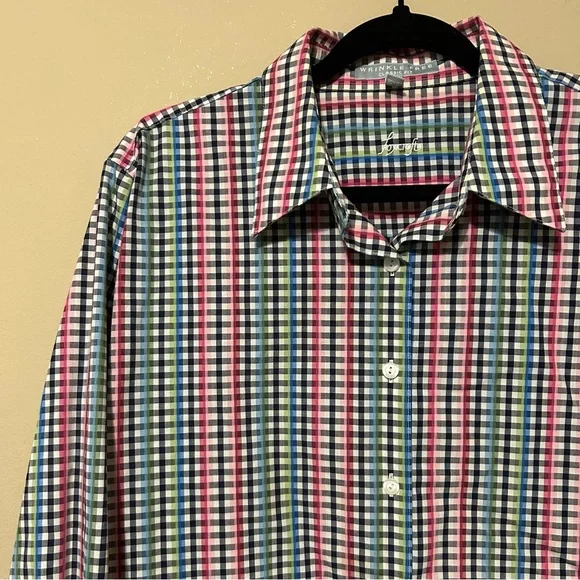 Foxcroft Women’s Multicolored Pink Green Blue White Plaid Button Down Blouse - Picture 6 of 7